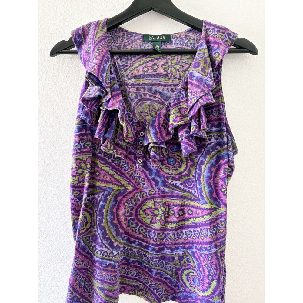 Lauren Ralph Lauren Women's 1X Purple Paisley Ruffle Sleeveless Top 100% Cotton